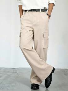 HUEFORM Men's Loose Fit Apricot Cargo Pants Amekaji Style Zipper Detail Woven Fabric Long Casual Trousers - Apricot - View 4