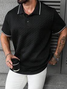 EGENSIO Black Textured Short Sleeve Casual Summer Versatile Polo Shirt - Black - View 7