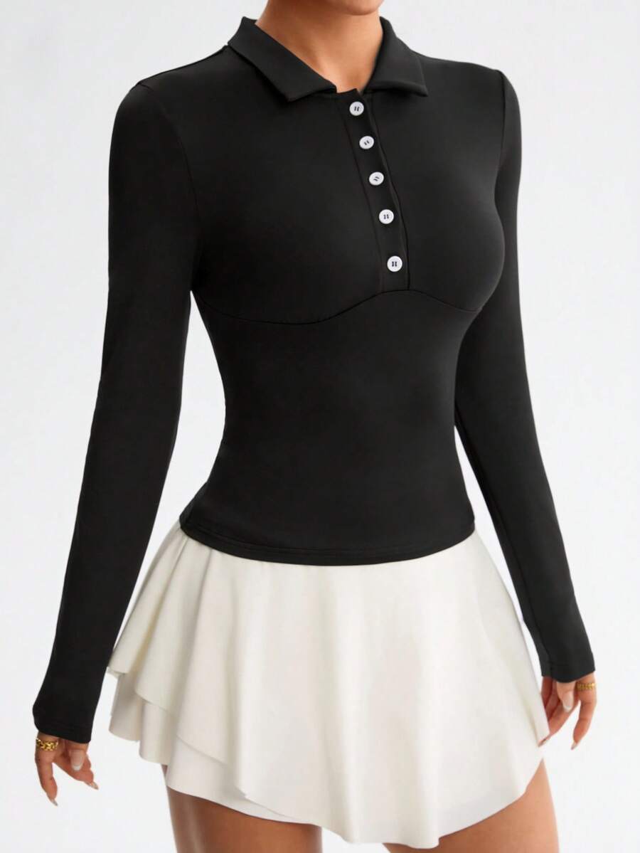 Dewbera 休闲百搭纽扣领修身运动Polo衫 - 黑色 - 查看 1