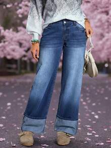 EMERY ROSE Quần jeans ống rộng nữ có túi và cúc, kiểu dáng thường ngày, đa năng, thích hợp đi làm. - Màu xanh lam - Xem 6