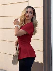 Jeta Ari 女士优雅通勤和度假复古风格毕业季日常百搭杏黄竹纹理面料圆领短袖收腰 X 设计常规衬衫，夏季 - 酒紅色 - 查看 6