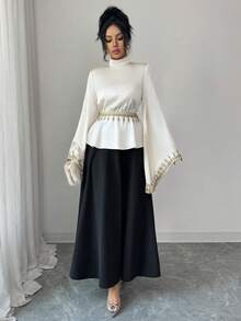 Elenzga Camisa elegante de mujer con mangas acampanadas, bordada con encaje floral 3D y lentejuelas en la cintura, para la temporada de principios de primavera - Albaricoque - Ver 5