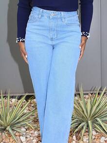 Steph T Jeans rectos de cintura alta lavados de manera casual - Lavado ligero - Ver 5