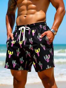 Manfinity Swimmode Men's Summer Casual Vacation Style Loose Fit Cactus Print Drawstring Waist Slant Pocket Beach Shorts - Black - View 5