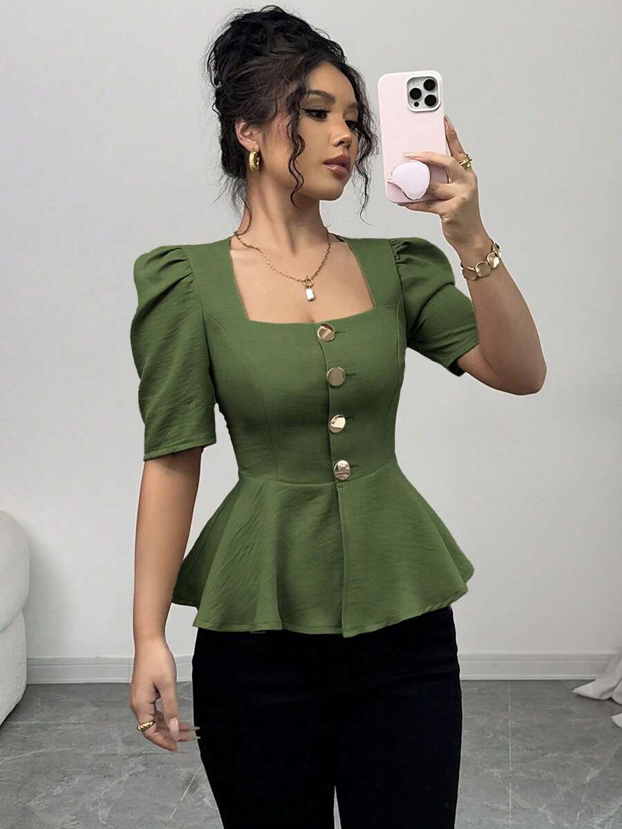 Elenzga 女士夏季衬衫，方领，短袖，金属纽扣装饰，破洞拼接下摆设计，收腰，梭织面料，优雅百搭的日常时尚单品 - 軍綠色 - 查看 1