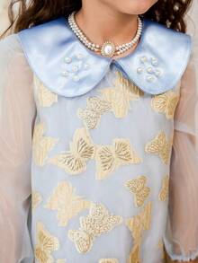SHEIN 1pc Girls Royal Blue Butterfly Collar Pearl Decor Transparent Organza Long Sleeve Dress,Elegant Vintage Traditional Autumn Wedding Party Princess - Blue - View 6