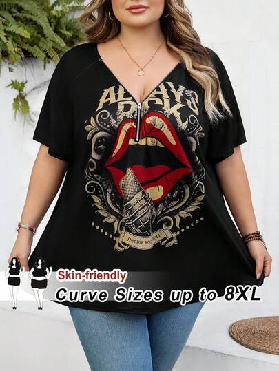 SHEIN CURVE+ Musikfestival Rock Lips Grafisk lös V-ringad kortärmad t-shirt i plusstorlek