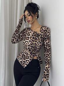 Rafferiza Women's Elegant Asymmetrical Shoulder Leopard Print T-Shirt, Casual And Stylish, With Metal Buckle Decoration, Leopard Print Split T-Shirt, Slim Fit, Leopard Print T-Shirt, Elegant Style, Sexy Leopard Print Pattern T-Shirt, Women's Spring/Summer Leopard Print T-Shirt. - Multicolor - View 6