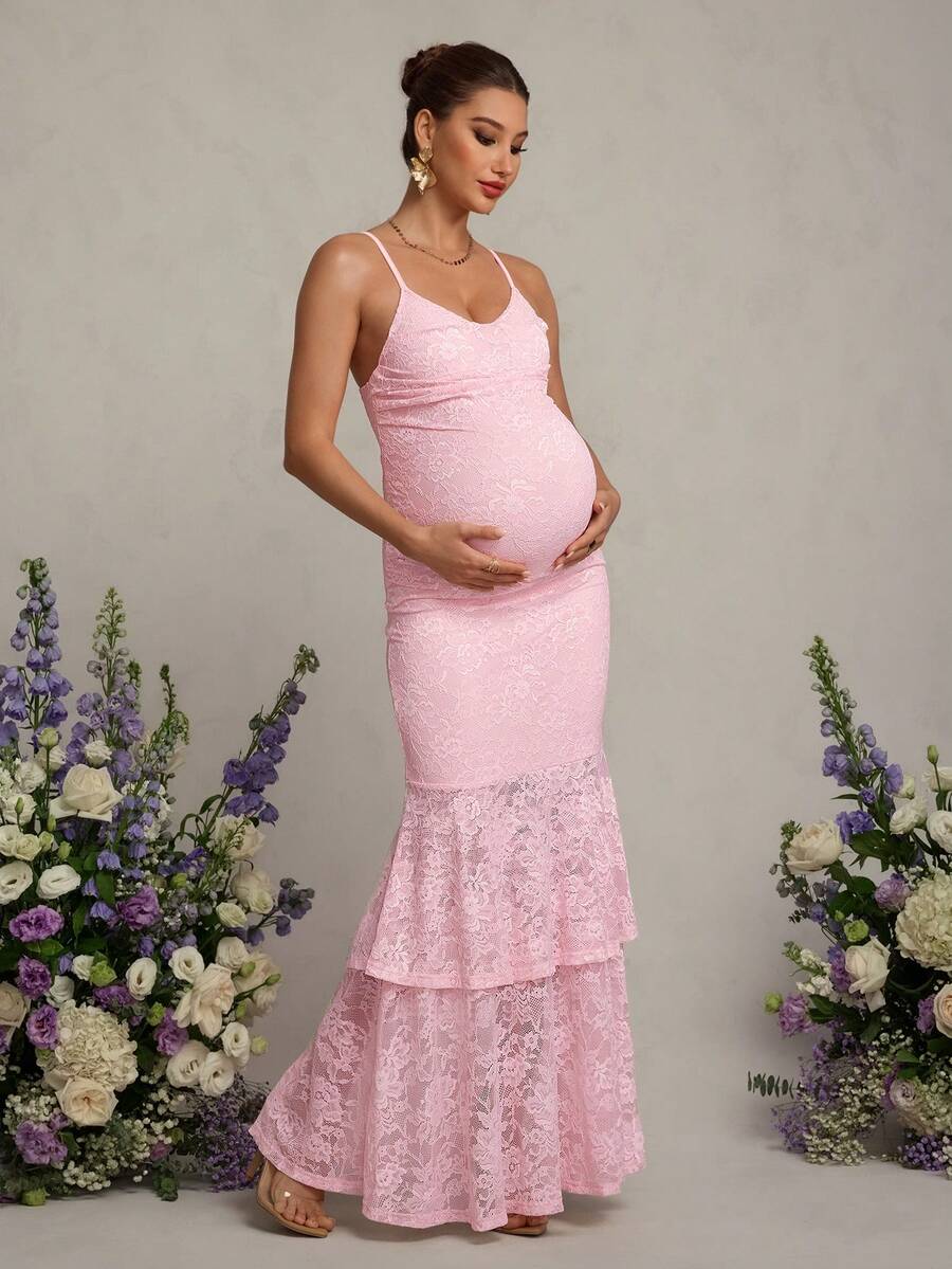 MaterniChic 孕妇纯色简约休闲蕾丝吊带连衣裙 - 粉色 - 查看 1