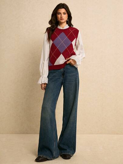 Poéselle New Arrival Casual Korean Style Plaid Contrast Color Preppy Style Women Sweater Vest, Spring/Autumn