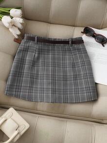 Franclia 女士格子印花系带优雅时尚短裤 - 深灰色 - 查看 2