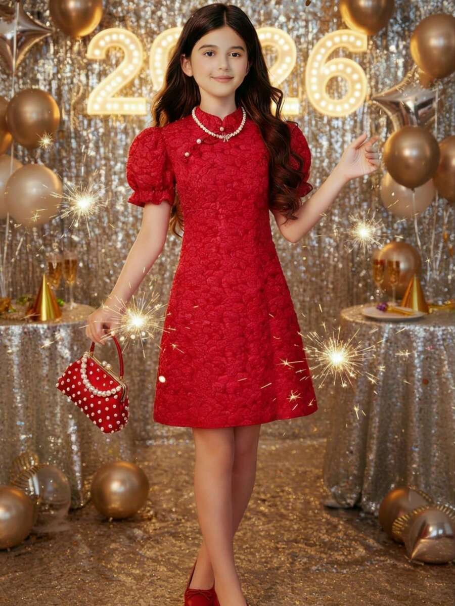 女童中国新年旗袍连衣裙，红色，喜庆，适合中国新年，适合新年派对，奢华优雅，立领，东方风格 - 紅色 - 查看 1