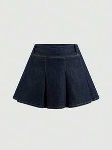 SHEIN MOD 大码纯色百褶牛仔迷你裙 - 深色水洗藍 - 查看 1