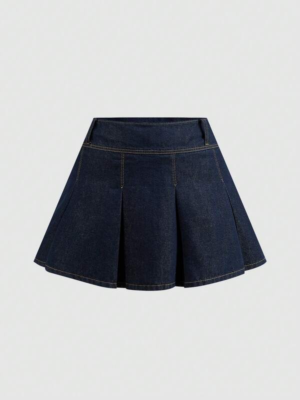 SHEIN MOD Plus Size Solid Color Pleated Versatile Denim Mini Skirt Summer Holiday Outfits Spring Outfit Women Valentine's Day Skirt Beach Outfits For Women Vacation Outfits Women  Y2k Clothes Women's Dark Wash Denim Mini Skirt Pleated A Line Flared Design High Waist Casual Everyday Skirt