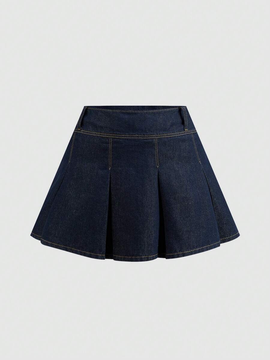 SHEIN MOD 大码纯色百褶牛仔迷你裙 - 深色水洗藍 - 查看 1