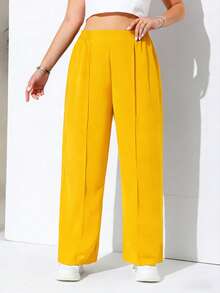 SHEIN EZwear 加大码黄色前缝松紧腰休闲裤 - 黃色 - 查看 4