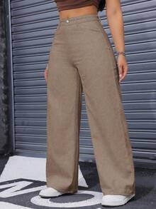 SHEIN ICON Plus Size Solid Color Slant Pocket Casual Versatile Wide Leg Jeans - Khaki - View 3