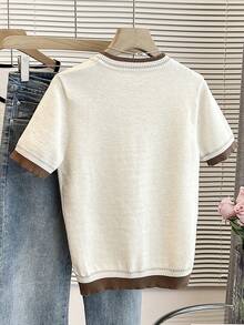 Franclia Contrast Stripe Round Neck Short Sleeve Top, Casual & Comfortable Knit, Spring/Summer - Apricot - View 2