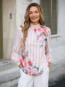 Louniche 女士优雅时尚通勤休闲舒适迷人复古浪漫假日温柔淑女长袖泡泡袖圆领宽松定位印花衬衫 - 粉色 - 查看 3