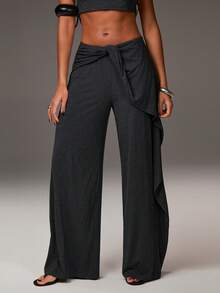 Athîral 女士休闲打结短袖露脐上衣和阔腿裤两件套，采用柔软舒适的针织弹力面料制成，适合居家穿着、裤装、户外穿着，休闲两件套，春夏两件套，春假穿着，两件套裤装，露脐上衣和裤子套装，女士两件套服装，阔腿裤套装 - 深灰色 - 查看 3
