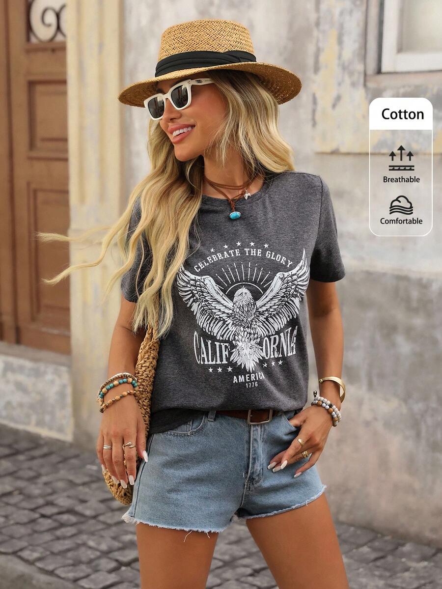Brillora Áo thun nữ cotton dáng rộng, cổ tròn, tay ngắn, họa tiết đại bàng đơn giản, kiểu phương Tây, thích hợp mặc mùa hè. - Màu xám đen - Xem 1