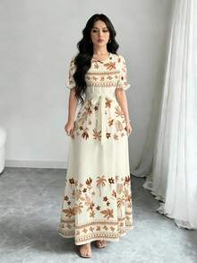 Modelyn Đầm dài tay cổ tròn dáng chữ A in họa tiết hoa và hình học dành cho nữ, mùa xuân - Nhiều màu - Xem 3