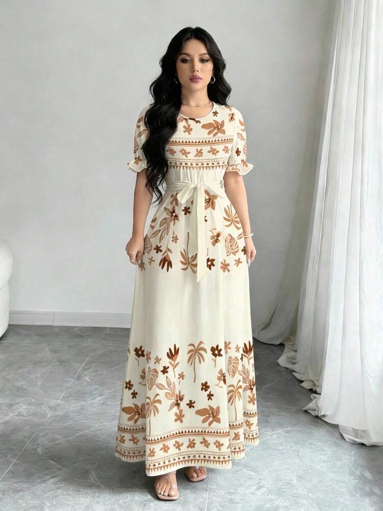 Modelyn Vestido de línea A de manga larga con cuello redondo con estampado digital floral y geométrico para mujer, primavera - Multicolor - Añade 3