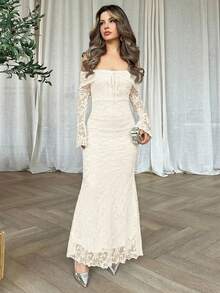 女士露肩长袖前系带修身连衣裙，新年连衣裙，新年派对连衣裙，情人节连衣裙 - 米色 - 查看 1