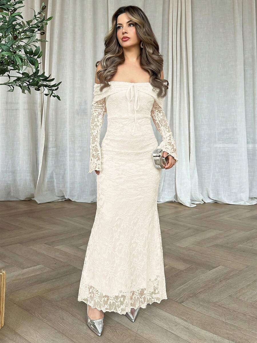 女士露肩长袖前系带修身连衣裙，新年连衣裙，新年派对连衣裙，情人节连衣裙 - 米色 - 查看 1