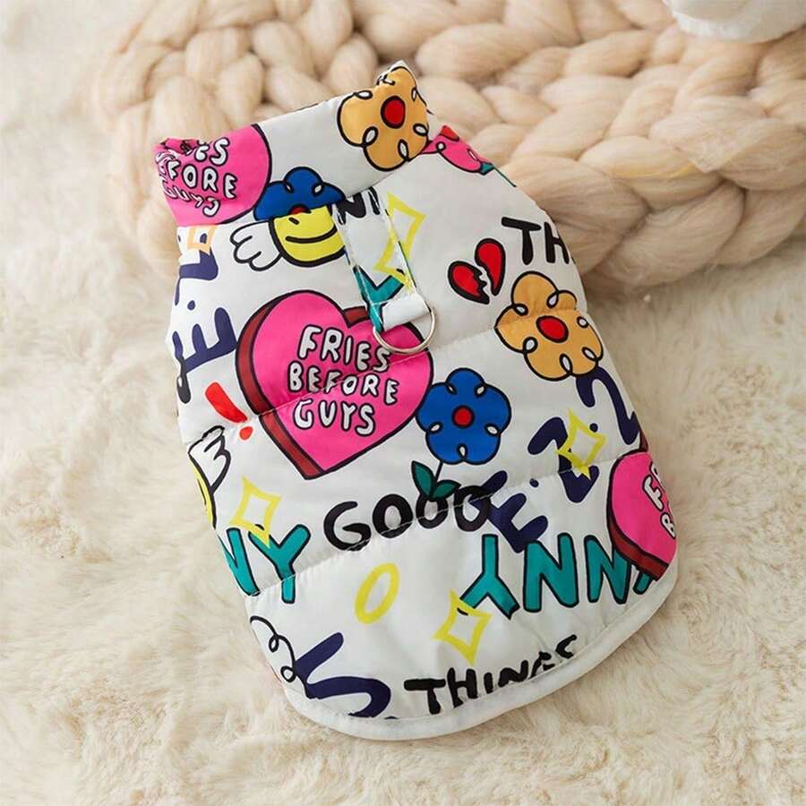 A Plush Vest Featuring Graffiti Patterns, Paired With Adorable Pet Designs. Perfect For Wearing In Autumn And Winter. - White - View 1