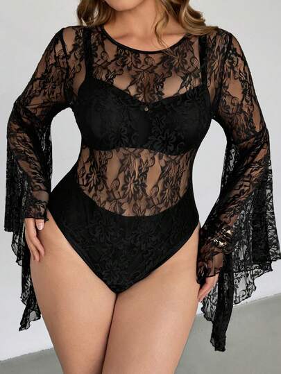 Auralis Plus-Size Women's Spring/Summer Fashionable Elegant Comfortable Sexy See-Through Black Lace Flared Sleeve Bodysuit,Sexy Tops,Valentine's Day Outfits,Sheer Top,Club Clothes