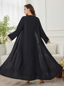 Al Najma Áo Abaya màu trơn với viền ruy băng trang trí, mặt dây chuyền tua rua, tay dài, dáng rộng, thanh lịch, sang trọng dành cho nữ. - màu đen - Xem 2