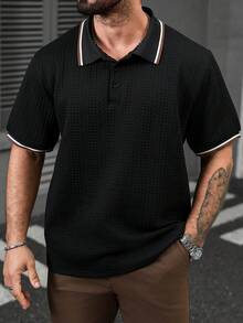 EGENSIO Men's Black Textured Short Sleeve Polo Shirt - Black - View 5