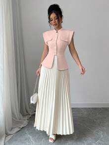 Modelyn Set de 2 piezas de falda larga plisada con cintura ceñida y sin mangas con botones azules para mujer - Rosa - Ver 6