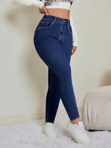 SHEIN Tall 秋冬女式高腰带口袋保暖内衬修身休闲百搭牛仔裤，冬季保暖内衬时尚舒适修身黑色牛仔裤 - 深色水洗藍 - 查看 6