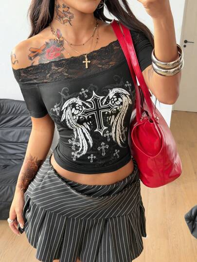 Coolane Women's Spring Y2k Sexy Witchy Goth Music Festival Cross Graphics Lace Patchwork Off The Shoulder  Black Top