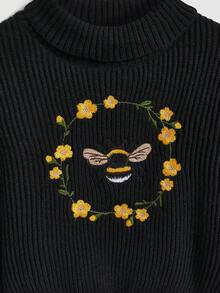 ROMWE Fairycore 大码女式花卉和蜜蜂刺绣高领毛衣，校园风，冬季 - 黑色 - 查看 3