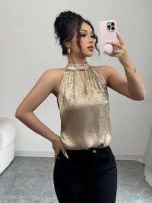 SHEIN PETITE Women's Elegant Sleeveless High Collar Gold Blouse, Suitable For Spring/Summer Outings - Gold - View 4
