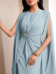 Veilorie Váy hè thanh lịch, xoắn, xếp ly, trang trí cúc, thắt eo. - Màu xanh lam - Xem 5