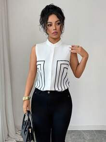 Pariaura Spring/Summer New Arrival Sleeveless Stand-Collar Shirt For Women, Featuring Single-Row Buttons And Geometric Line Details. - White - View 9