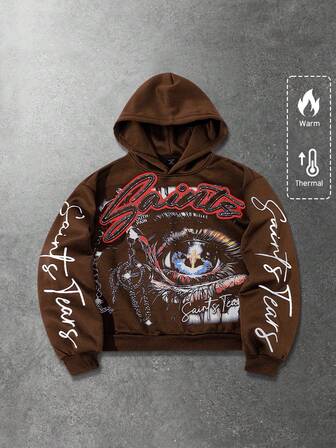 Street Life Men's Hooded Sweatshirt, Casual Street Style, Popular American Eye Graphic Print Short Hoodie, Autumn/Winter