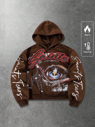 Street Life Sudadera con capucha para hombre, estilo casual de calle, sudadera corta con estampado gráfico popular de ojo americano, otoño/invierno