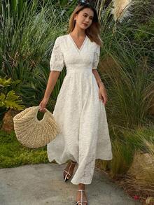 DAZY Textured Lace V-Neck Puff Sleeve Mid-Length Dress For Women Spring - White - View 6
