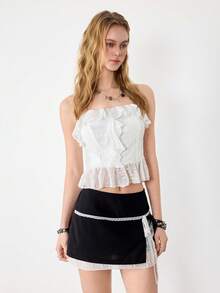 Ardnt Elegant French Style Lace Design Versatile Casual Chic Girly Sexy Asymmetrical Ruffle Hem Sweet Women Top, Spring/Summer - White - View 6