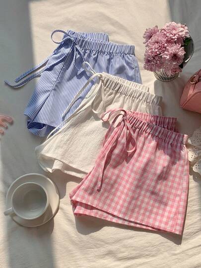 Comfortcana Women's Casual Pink Plaid Wide Leg Shorts With Knot Detail Made From Semi-Sheer Woven Fabric Short Length