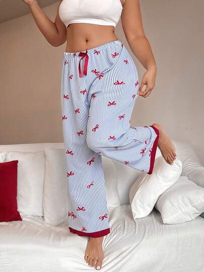 Napfluff CURVE Pantalones de pijama con estampado de rayas azules y moño, talla grande para mujer, adecuados para primavera, verano y otoño, se pueden usar dentro y fuera de casa