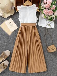 SHEIN Vintaside Kids 1pc 3D Floral Urban Casual Pleated Slim Jumpsuit, Comfortable For Outdoor Summer And Gatherings - Khaki - View 2