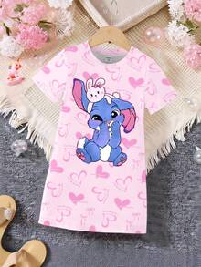 Tween Girls Spring And Summer Casual Fashion Creative Personalized Fresh Minimalist Cartoon Rabbit Heart Bow Decor Print Short Sleeve T-Shirt Dress, Comfortable Cozy Spring And Summer Styles Suitable For Girls, Atmosphere Outfits For Spring, Summer, Autumn, Daily Wear, Pink T-Shirt Dress, Pink Heart, Blue Rabbit, Pink Rabbit Sleep Wear Kids Girls Dress Stitch Clothes For Girls Stitch Dress Girls Stitch Outfits Kids Girls Pajama Dress - Multicolor - View 4