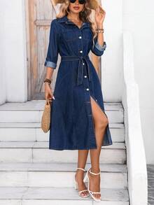 Breezaya 女士休闲度假风卷袖系带牛仔衬衫裙，适合春秋季日常通勤 - 深色水洗藍 - 查看 4