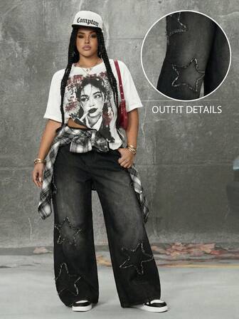 Grunge Punk Jeans casual larghi con vita alta, orlo sfrangiato e toppe a forma di stella a cinque punte, per taglie forti